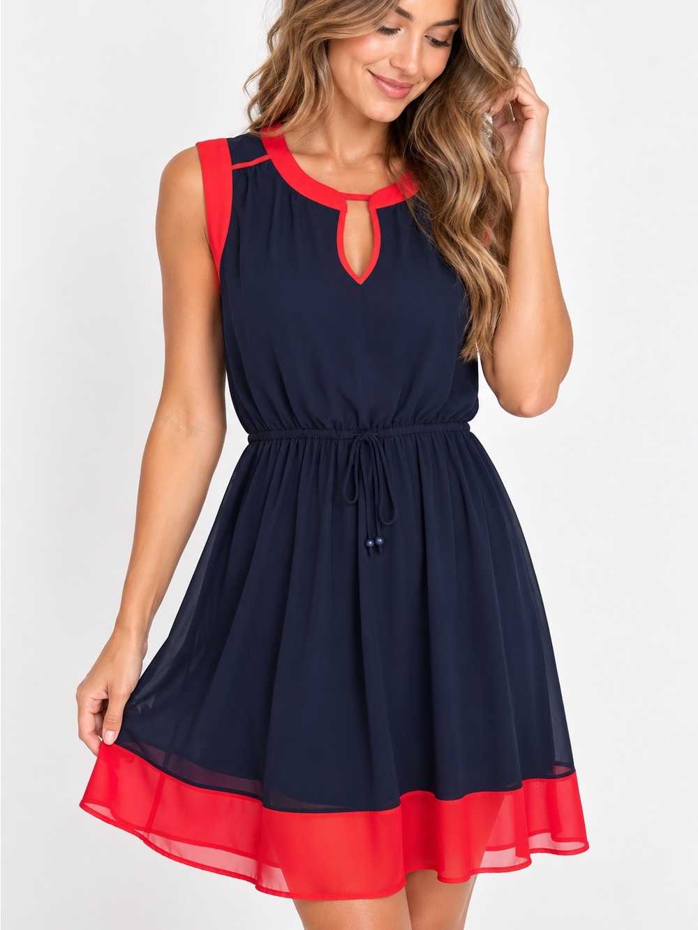 En Focus Navy and Red Sleeveless color block keyhole Waisted Dress fit and flare